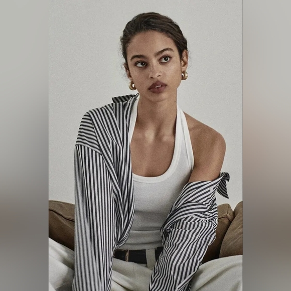 Anthropologie Bennet Striped Oversized Buttondown Shirt Maeve Dark Gray White - Picture 3 of 7